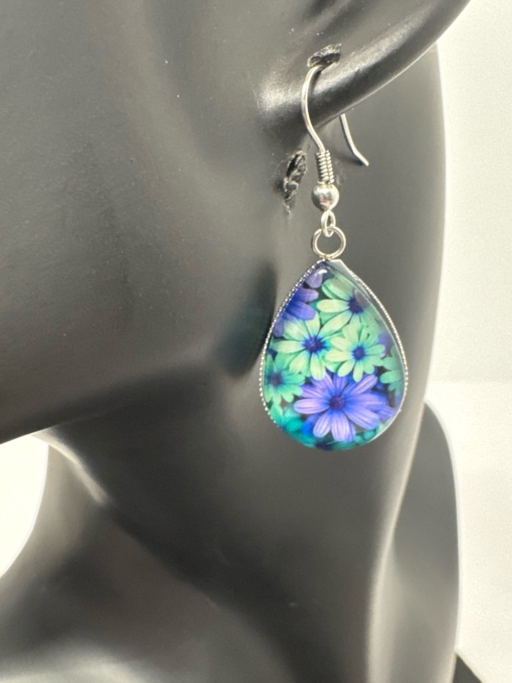 Floral Teardrop Dangle Earrings - Blue & Green
